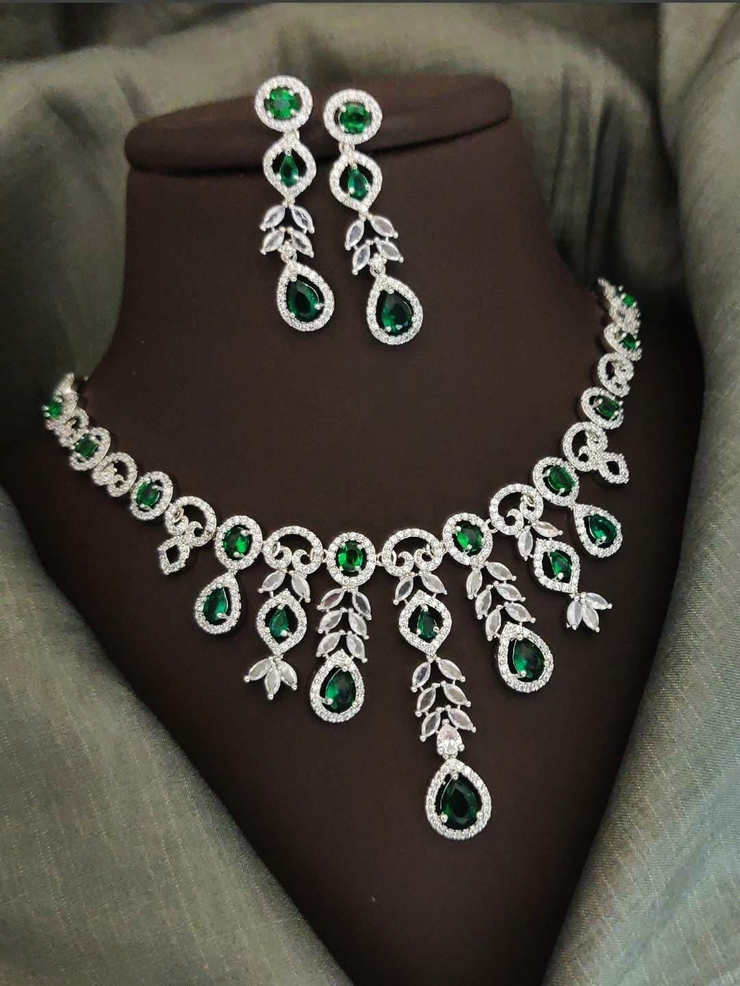 Indian Silver Plated CZ Multi Layer Necklace Earring Set For Wedding