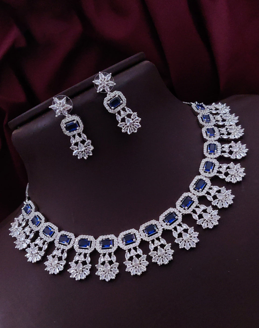Punjabi Silver Plated Flower Design AD CZ Choker Earring Set Indian Jewelry