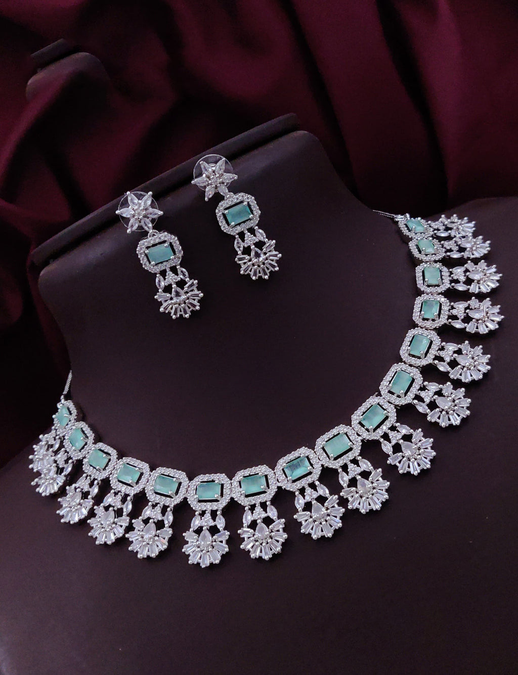 Punjabi Silver Plated Flower Design AD CZ Choker Earring Set Indian Jewelry