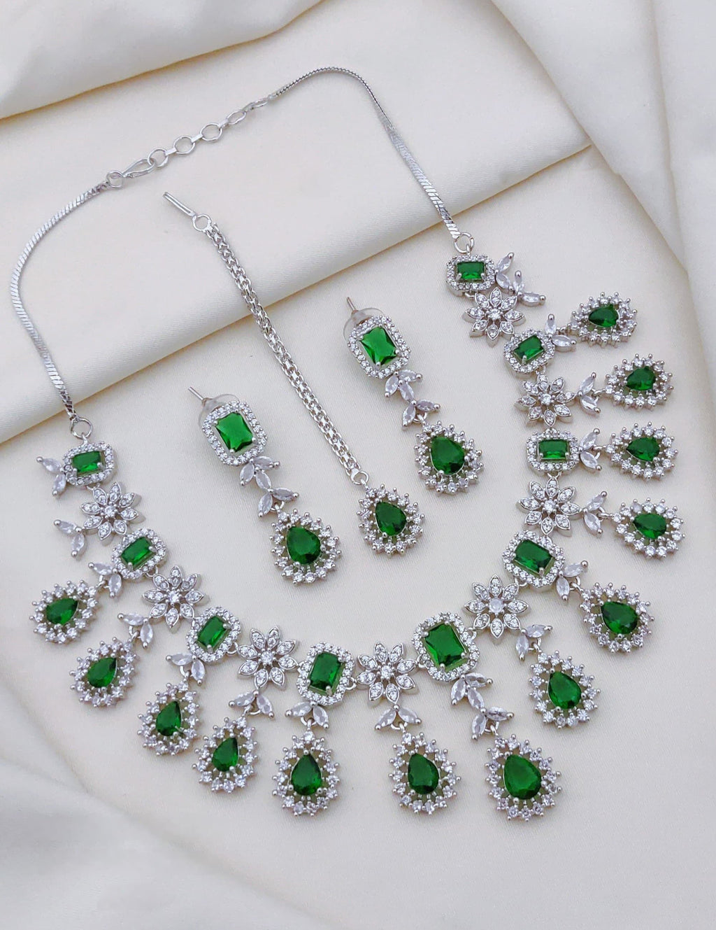 Indian Flower Design Silver Plated AD CZ Choker Earring Mangtikka Set
