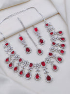 Indian Flower Design Silver Plated AD CZ Choker Earring Mangtikka Set