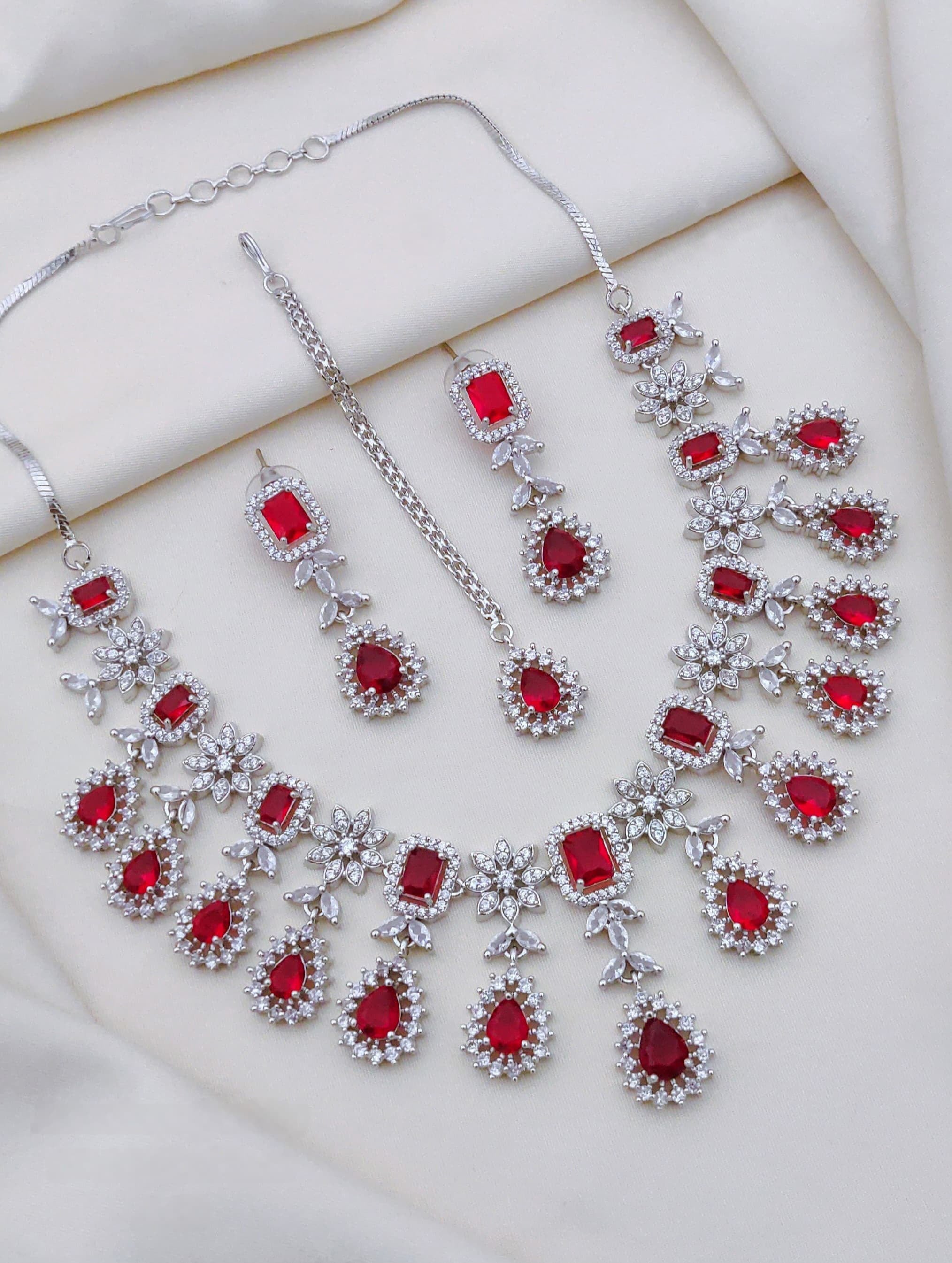 Indian Flower Design Silver Plated AD CZ Choker Earring Mangtikka Set