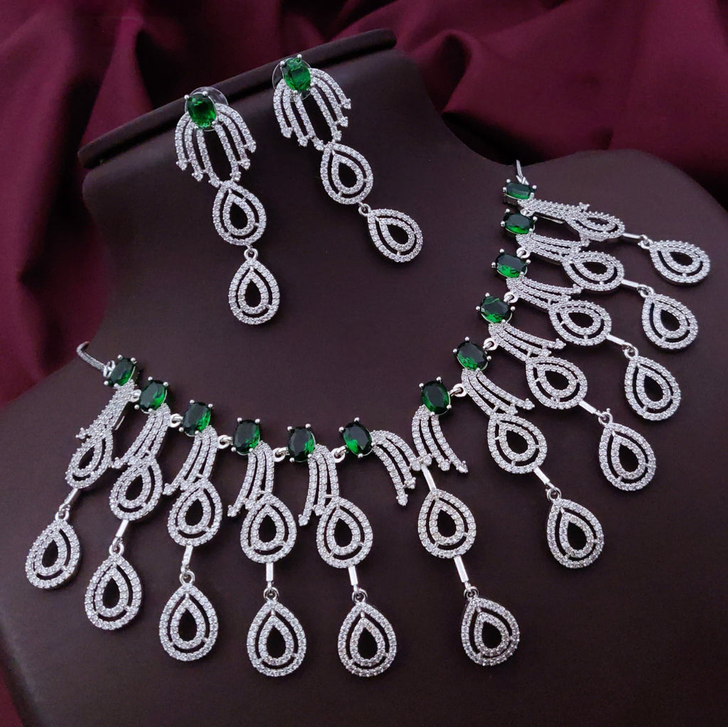 Wedding Teardrop Layered American Diamond Necklace Earring Set For Women