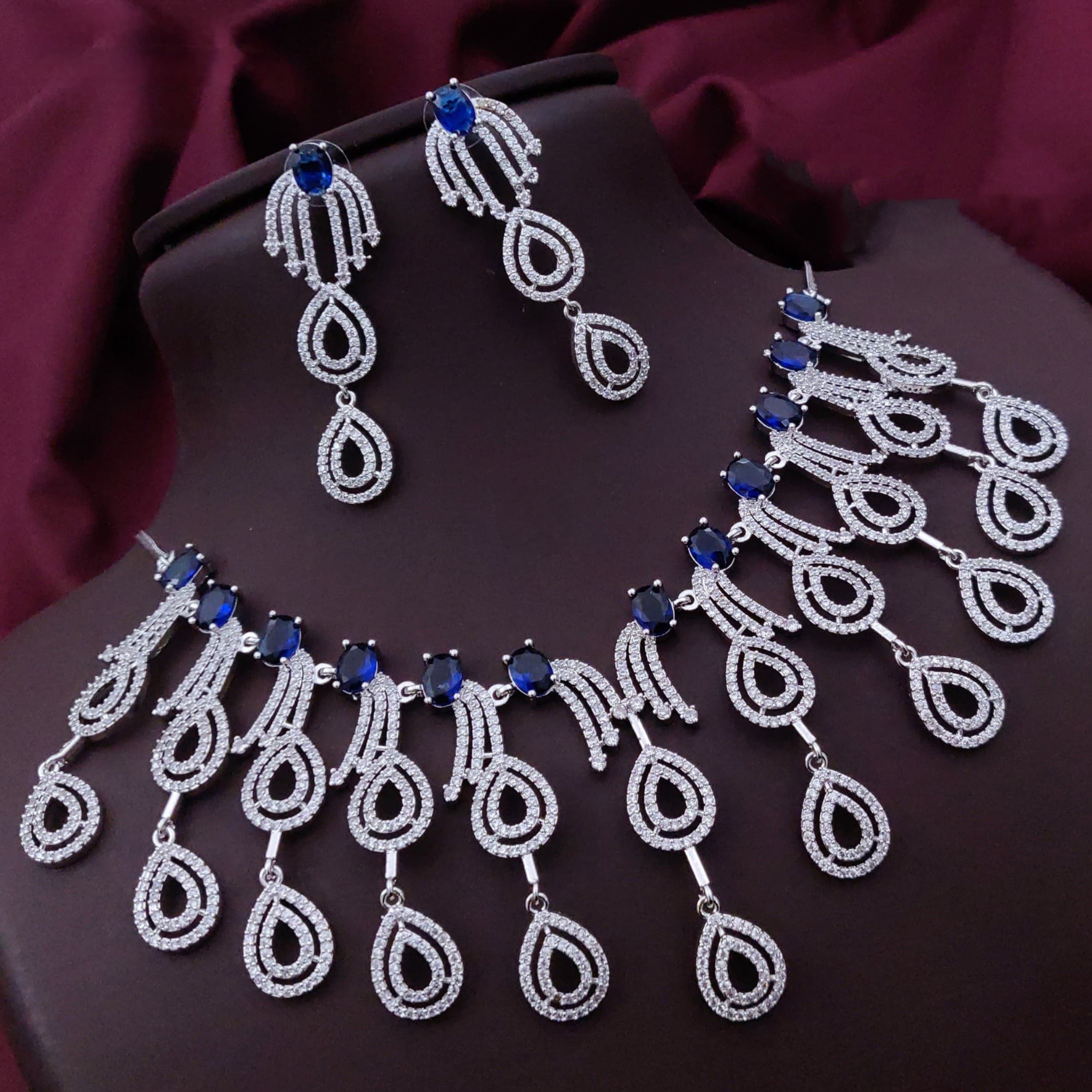 Wedding Teardrop Layered American Diamond Necklace Earring Set For Women