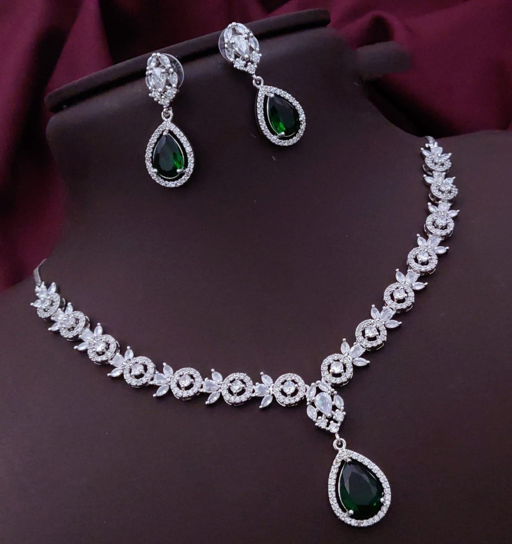 Pakistani Floral CZ Silver Tone Choker Earring Set For Wedding