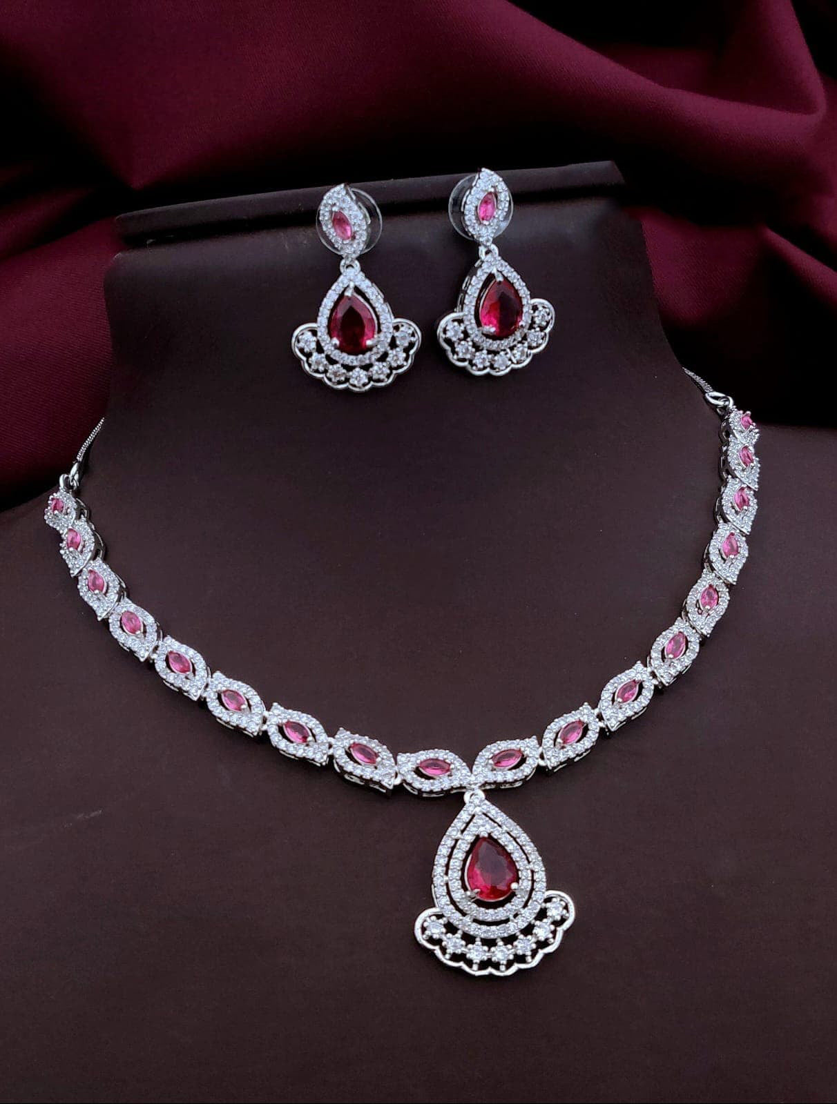 Punjabi Silver Plated Teardorp AD Necklace Earring Set For Women