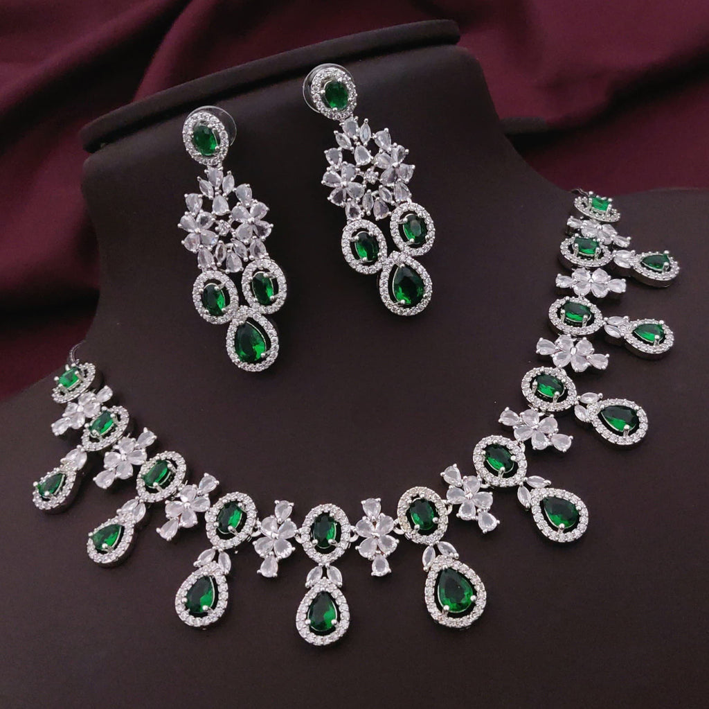 Traditional Silver Plated Floral AD CZ Choker Earring Set For Women