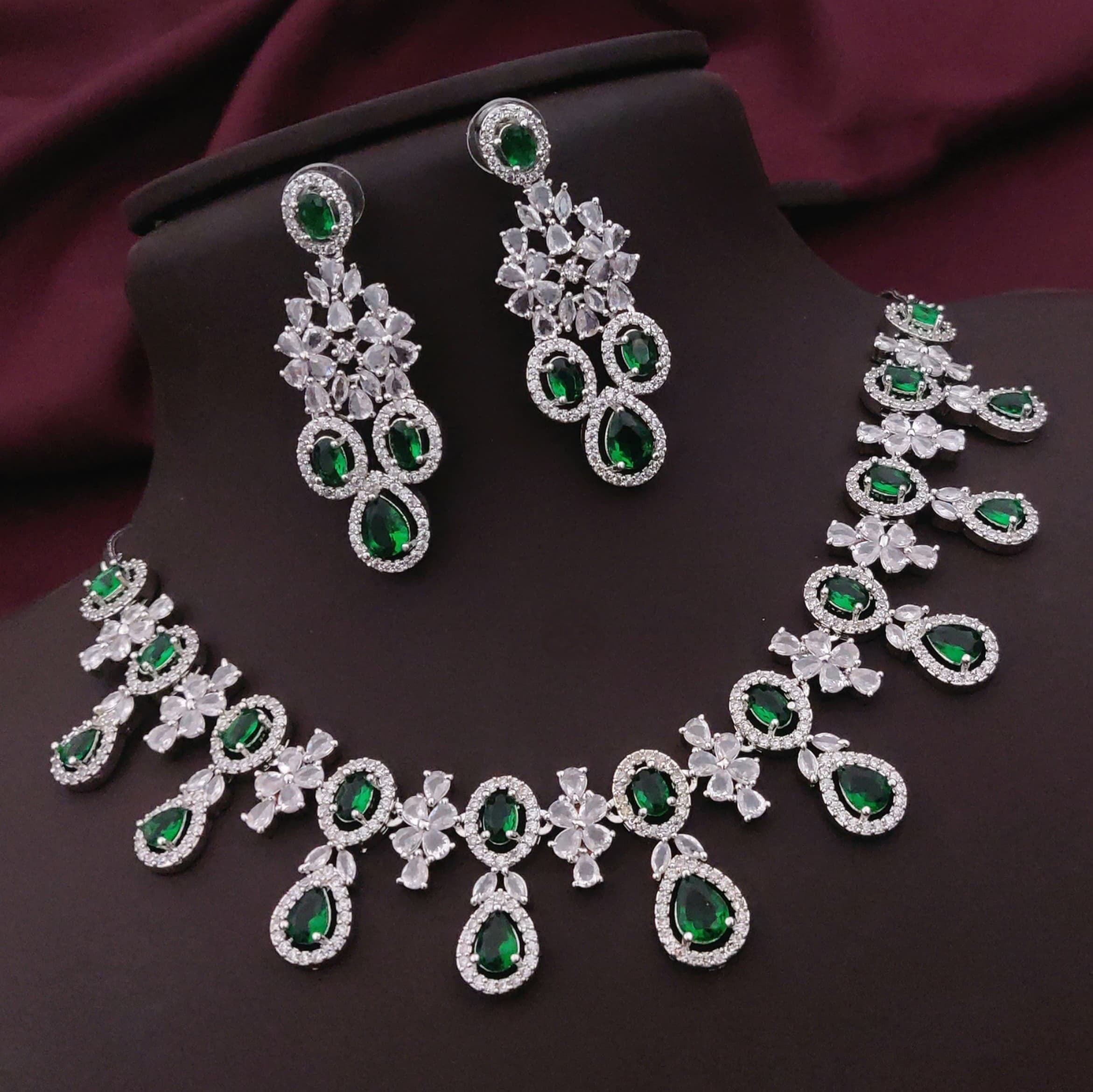 Traditional Silver Plated Floral AD CZ Choker Earring Set For Women