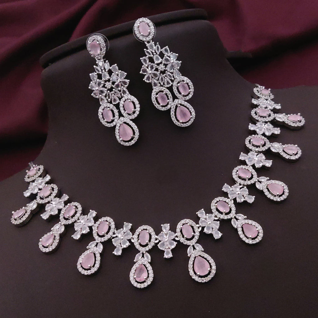 Traditional Silver Plated Floral AD CZ Choker Earring Set For Women