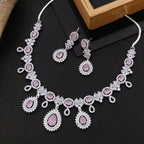 Pakistani Bridal Silver Tone CZ AD Floral Choker Earring Set For Women