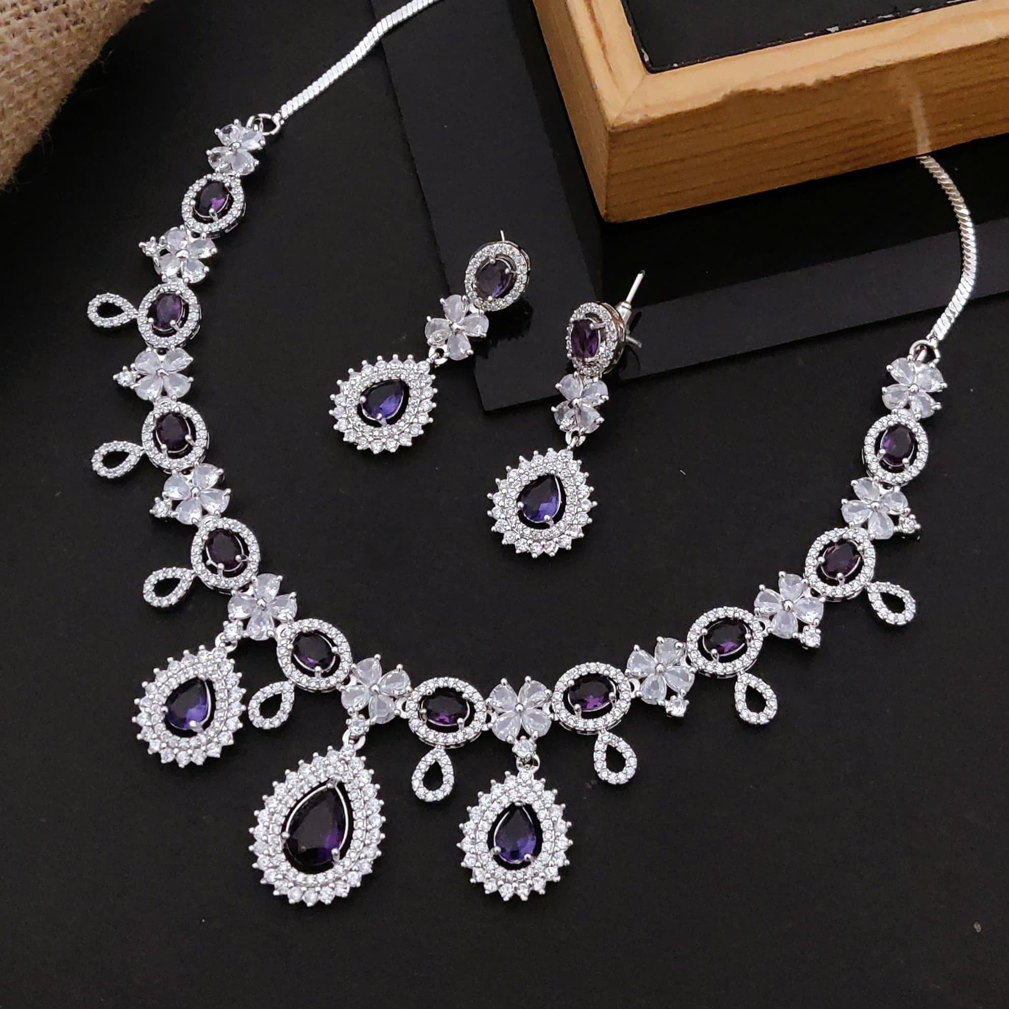 Pakistani Bridal Silver Tone CZ AD Floral Choker Earring Set For Women