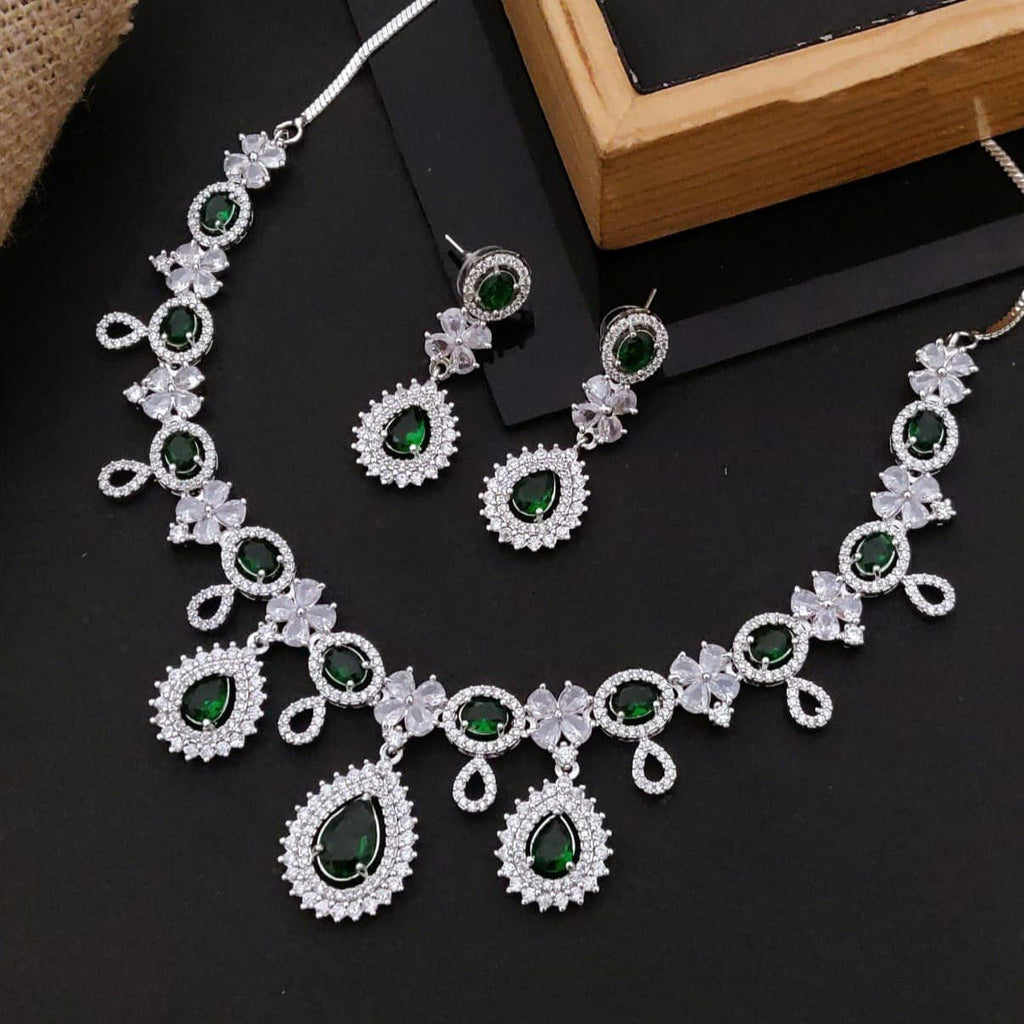 Pakistani Bridal Silver Tone CZ AD Floral Choker Earring Set For Women