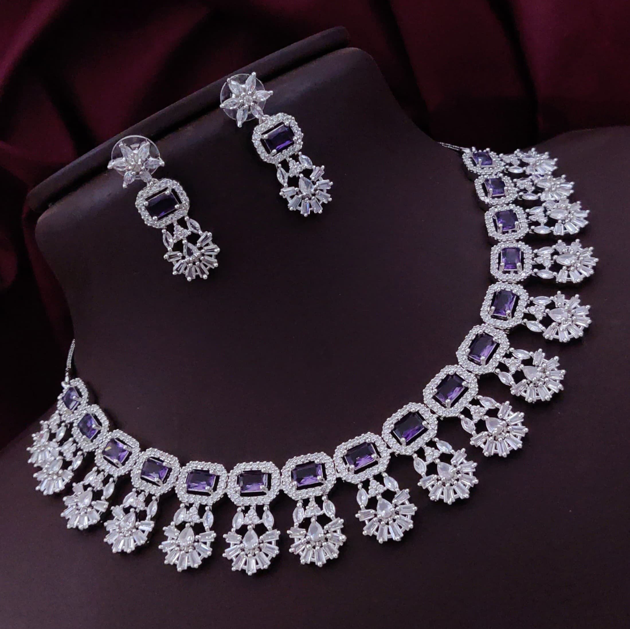 Bollywood Floral Inspired CZ Silver Plated Choker Earring Set For Women
