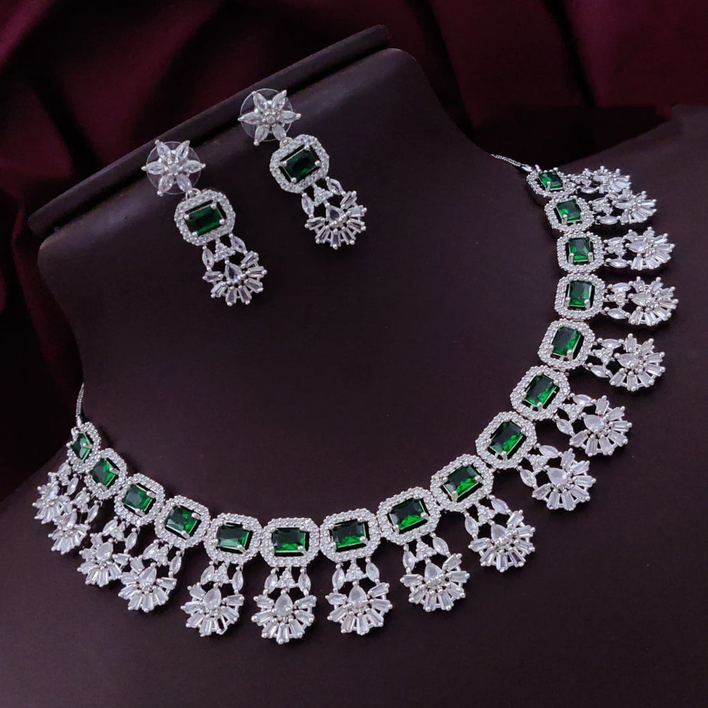 Bollywood Floral Inspired CZ Silver Plated Choker Earring Set For Women