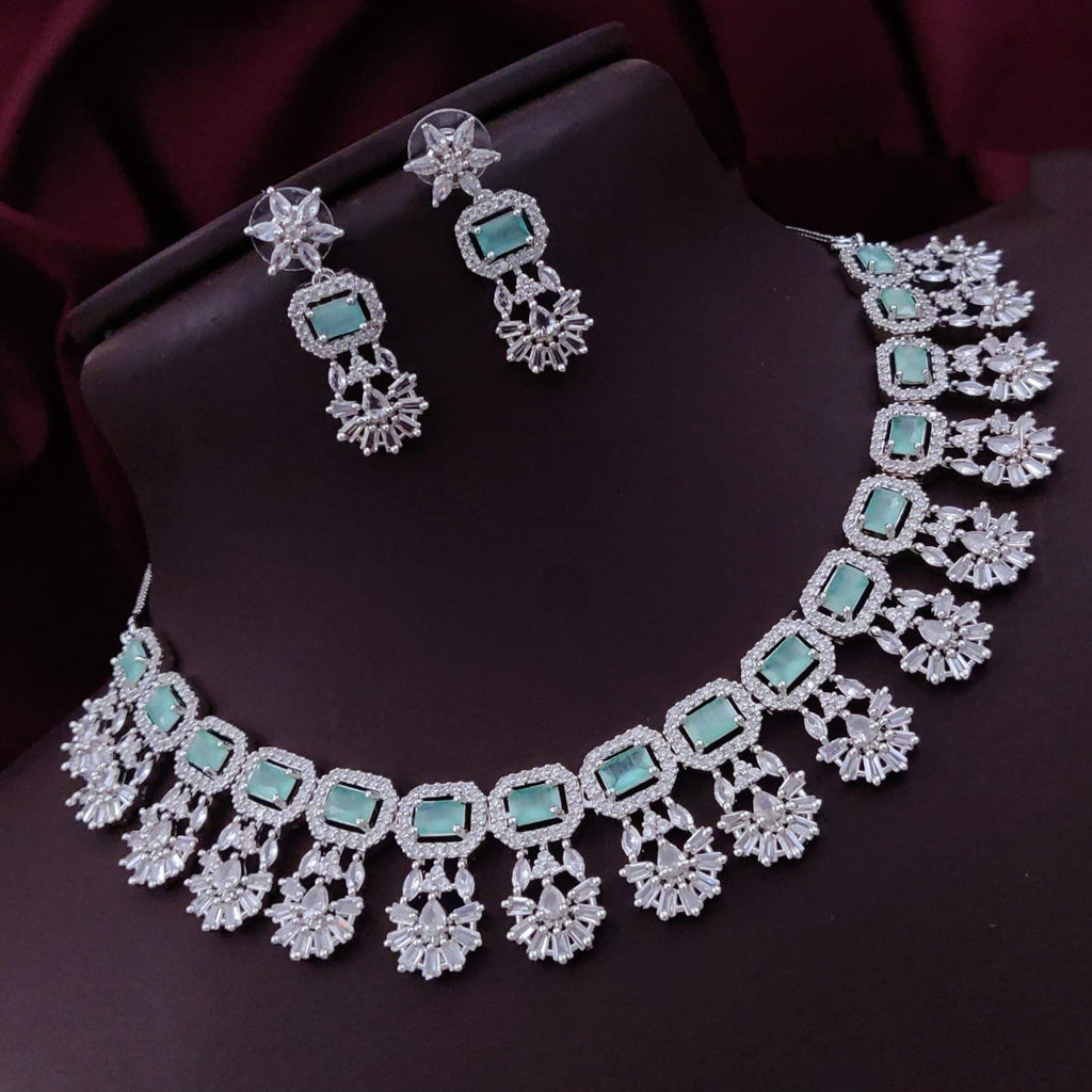 Bollywood Floral Inspired CZ Silver Plated Choker Earring Set For Women