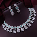 Bollywood Floral Inspired CZ Silver Plated Choker Earring Set For Women