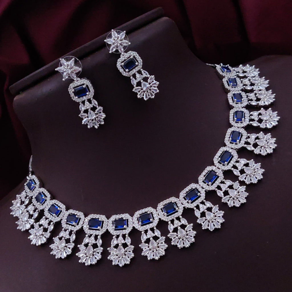 Bollywood Floral Inspired CZ Silver Plated Choker Earring Set For Women