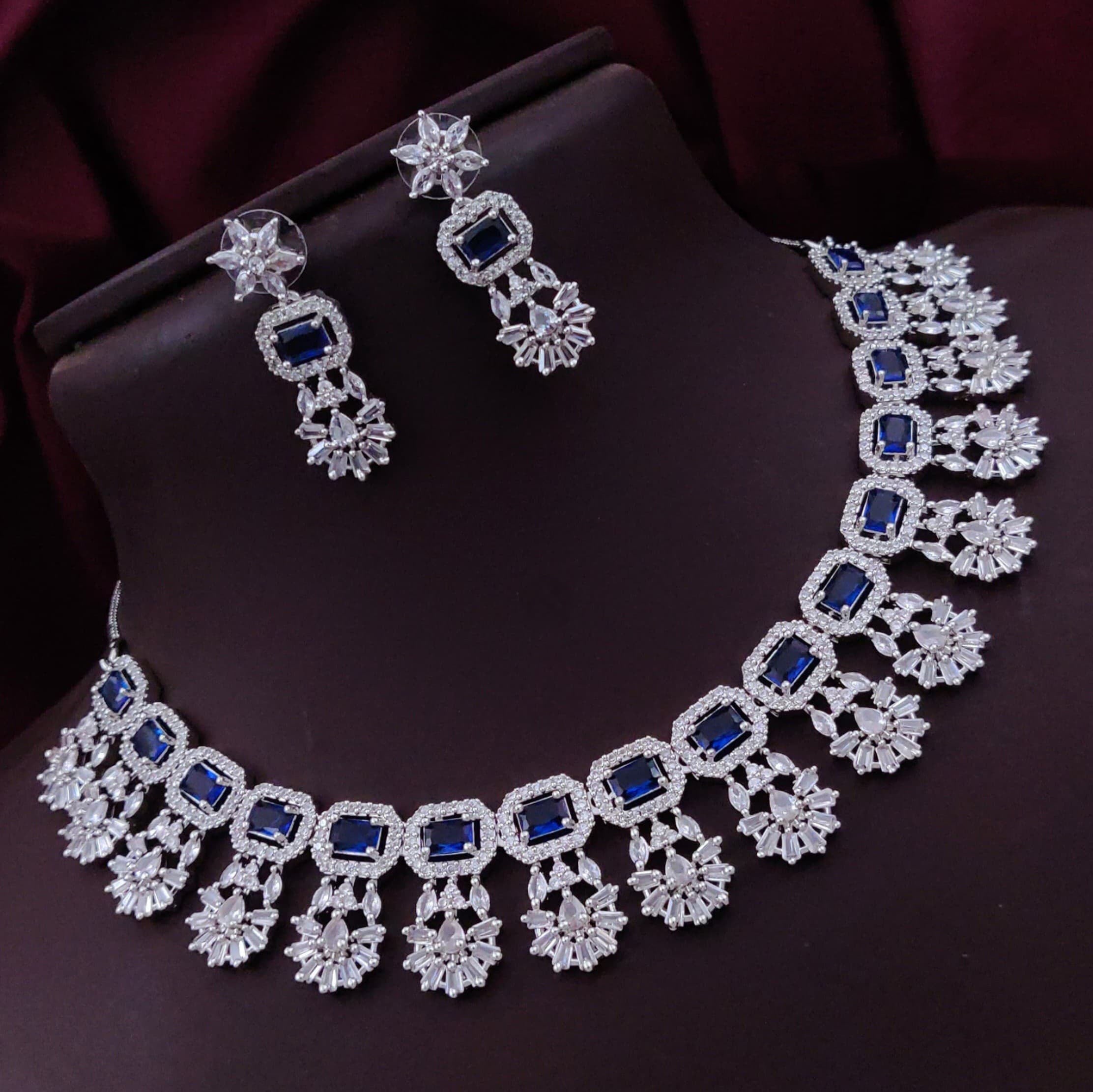 Bollywood Floral Inspired CZ Silver Plated Choker Earring Set For Women