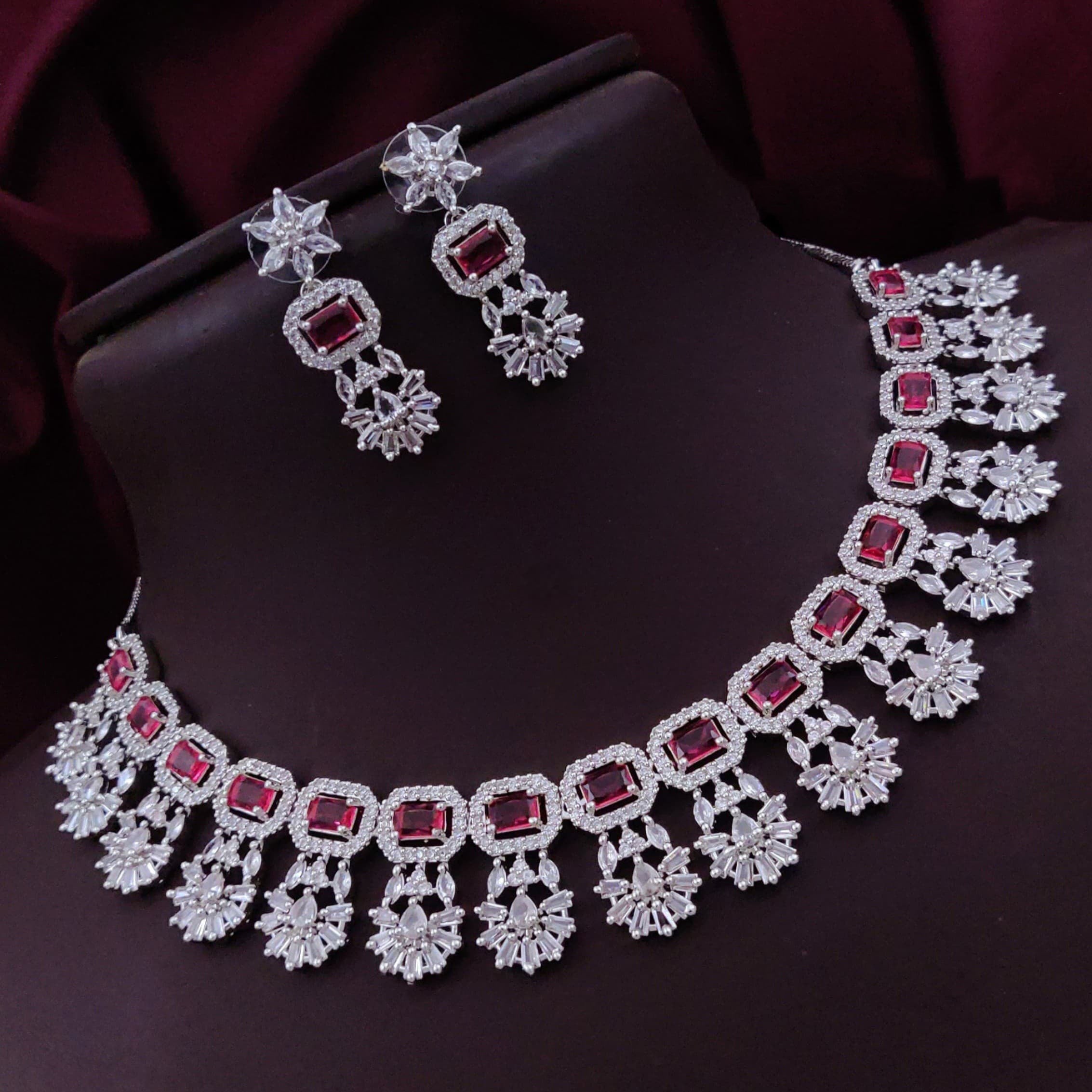 Bollywood Floral Inspired CZ Silver Plated Choker Earring Set For Women