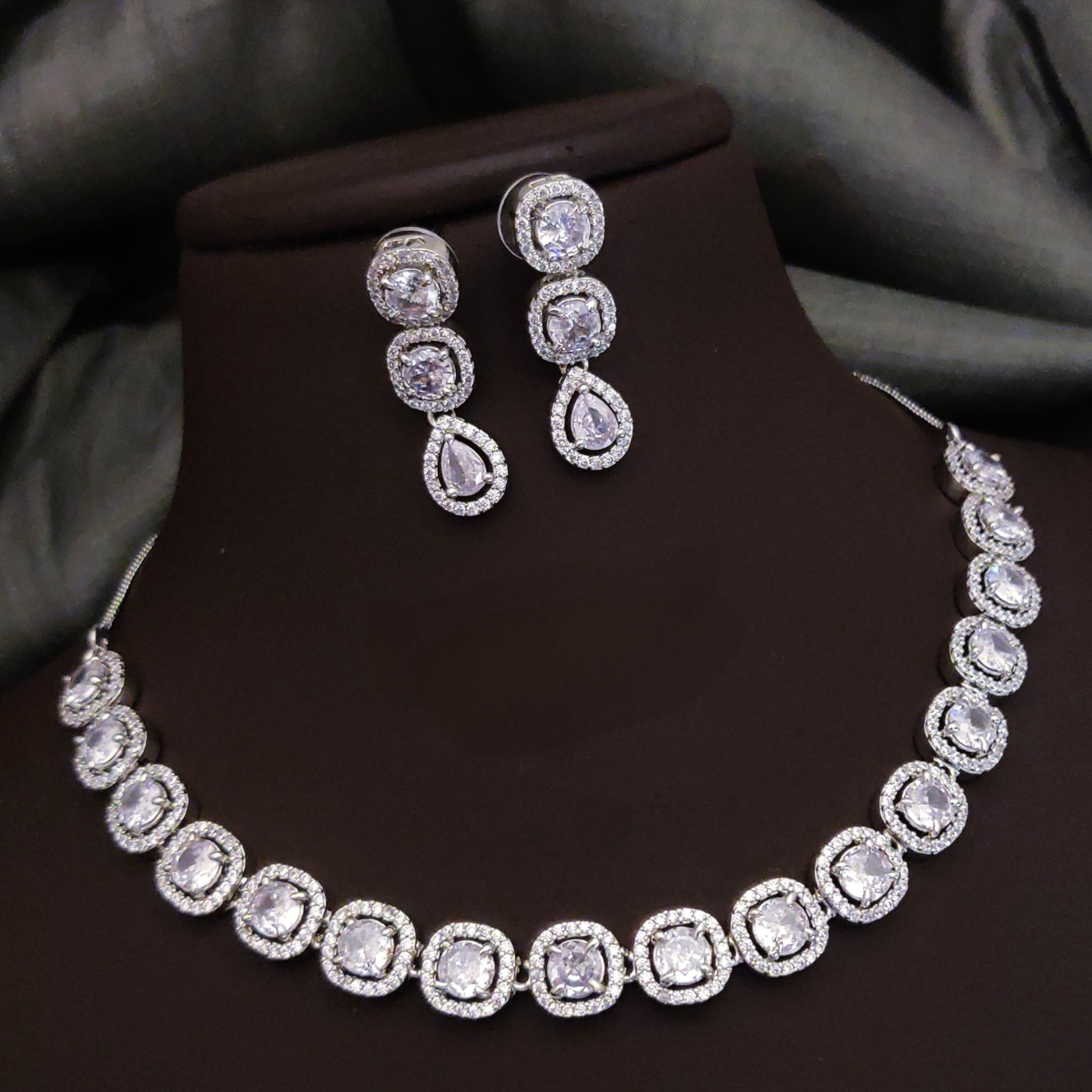 Bridal Ethnic Silver Tone CZ Choker Earring Set For Gift