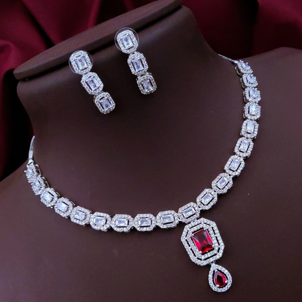 Bridal Wedding Silver Plated Squaral Shaped AD CZ Stone Necklace Earring Set