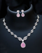 Stylish American Diamond Statement Silver Plated Necklace Earring Set