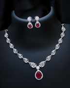 Stylish American Diamond Statement Silver Plated Necklace Earring Set