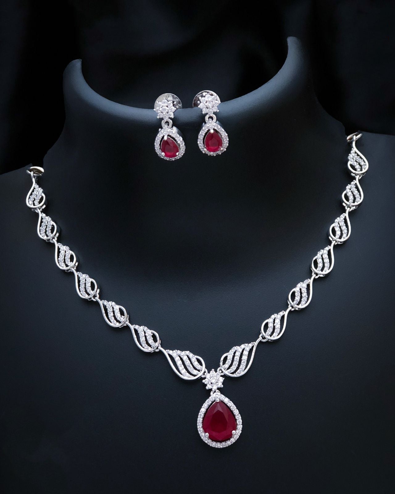 Stylish American Diamond Statement Silver Plated Necklace Earring Set