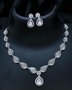 Stylish American Diamond Statement Silver Plated Necklace Earring Set
