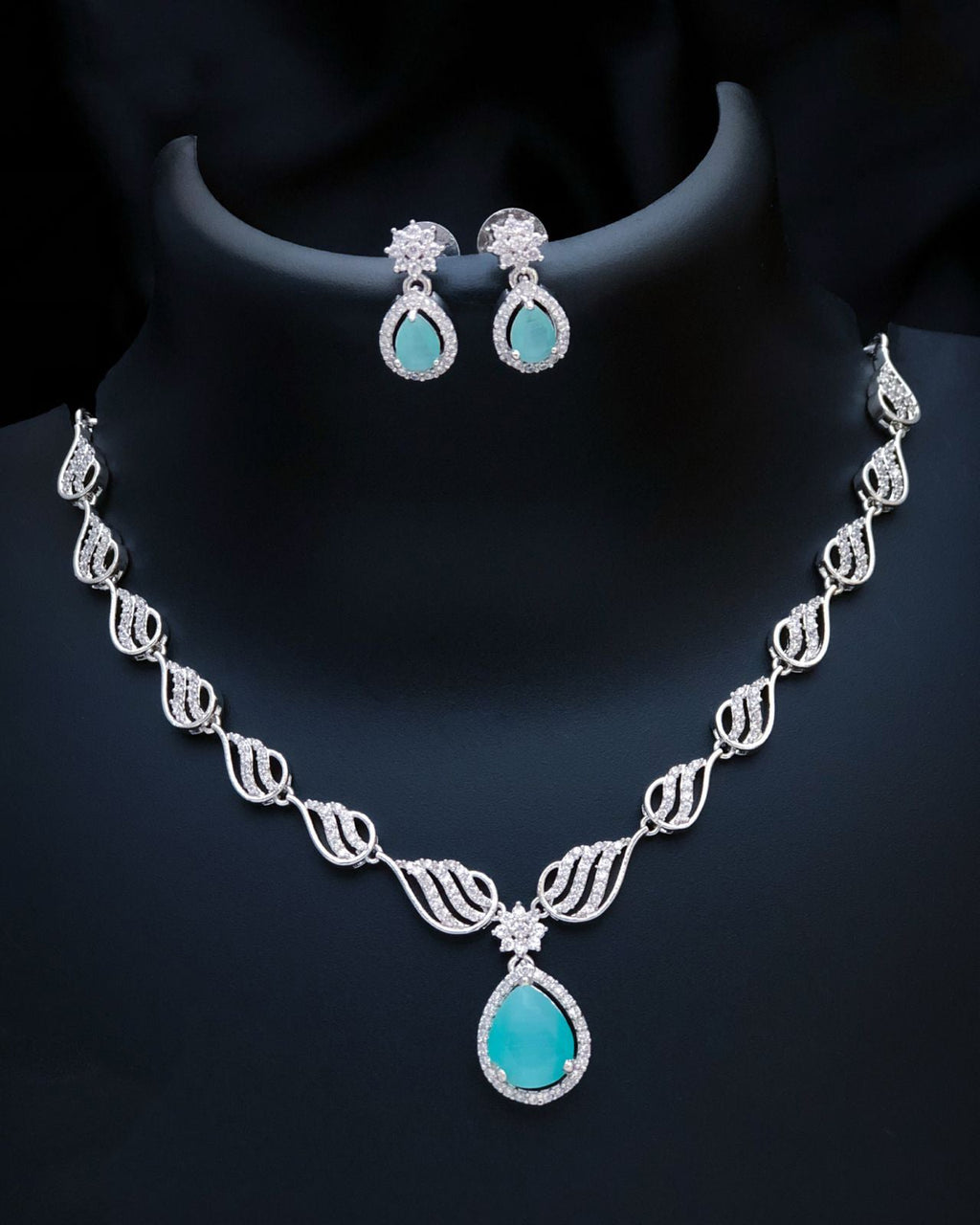 Stylish American Diamond Statement Silver Plated Necklace Earring Set