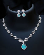 Stylish American Diamond Statement Silver Plated Necklace Earring Set