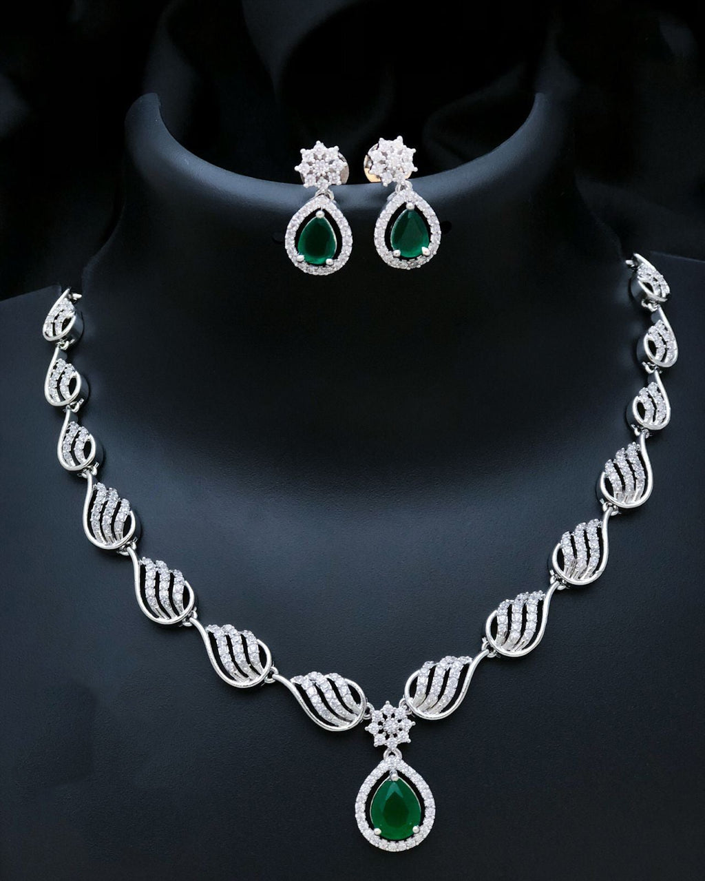 Stylish American Diamond Statement Silver Plated Necklace Earring Set