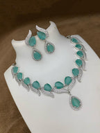 Pakistani Teardop CZ Silver Plated AD Necklace Earring Set For Wedding