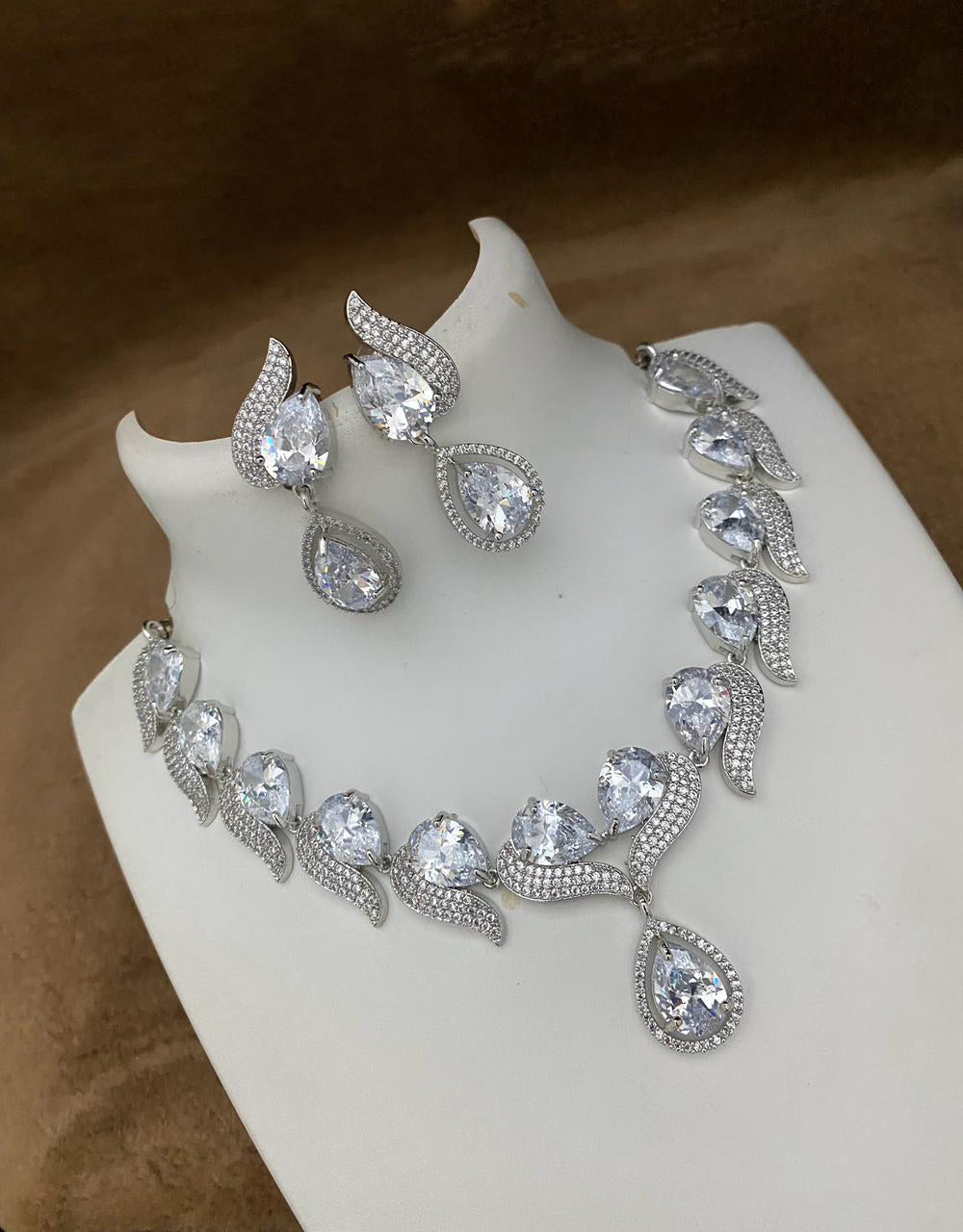 Pakistani Teardop CZ Silver Plated AD Necklace Earring Set For Wedding