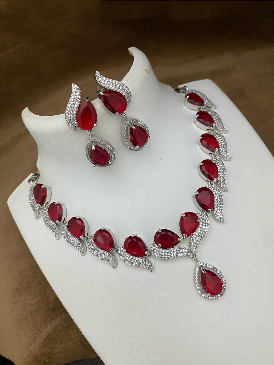 Pakistani Teardop CZ Silver Plated AD Necklace Earring Set For Wedding