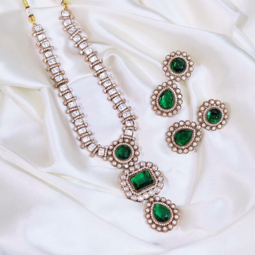 Punjabi CZ Silver Tone Necklace Matching Earrings Set For Wedding