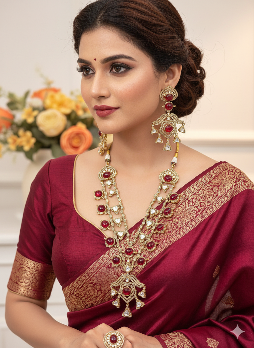 Stone Long Necklace Bridal Jewellery Set – Indian Necklace Set, Kundan Stone Haar with Earrings | Traditional Indian Wedding Jewellery
