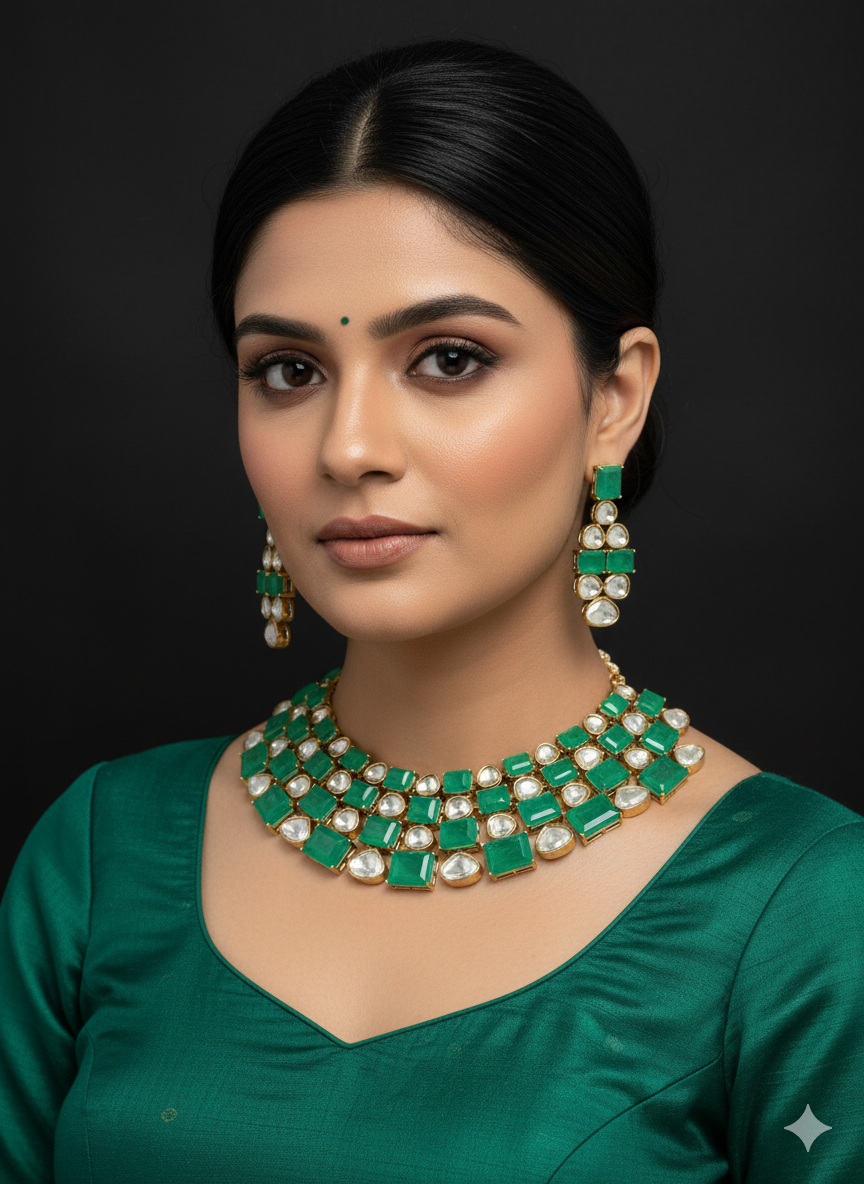 Bridal Kundan Stone Beaded Jewellery Set | Traditional Kundan Polki Indian Necklace Set with Earrings | Indian Bridal Jewellery for Wedding & Party Wear