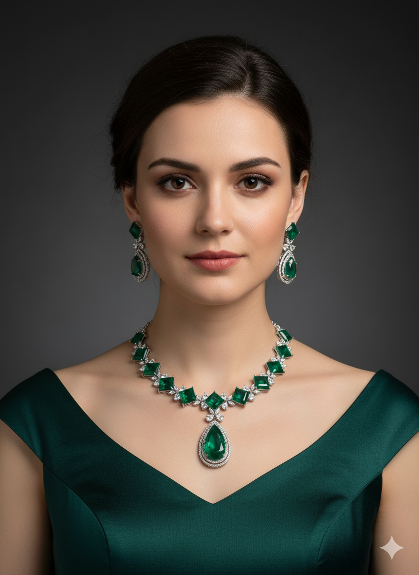 Bridal Emerald Necklace Set with American Diamonds, Statement Indian Necklace Set with Earrings, Indian Bridal Jewellery for Wedding & Party Wear