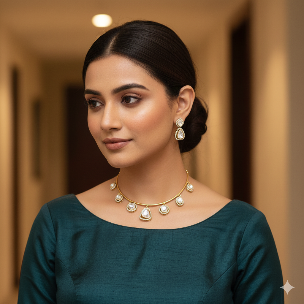 Diamond-Look Jewellery Set – Indian Necklace Set with Pearl Drops & Kundan Polki Design | Earrings Included | Traditional Indian Wedding Jewellery