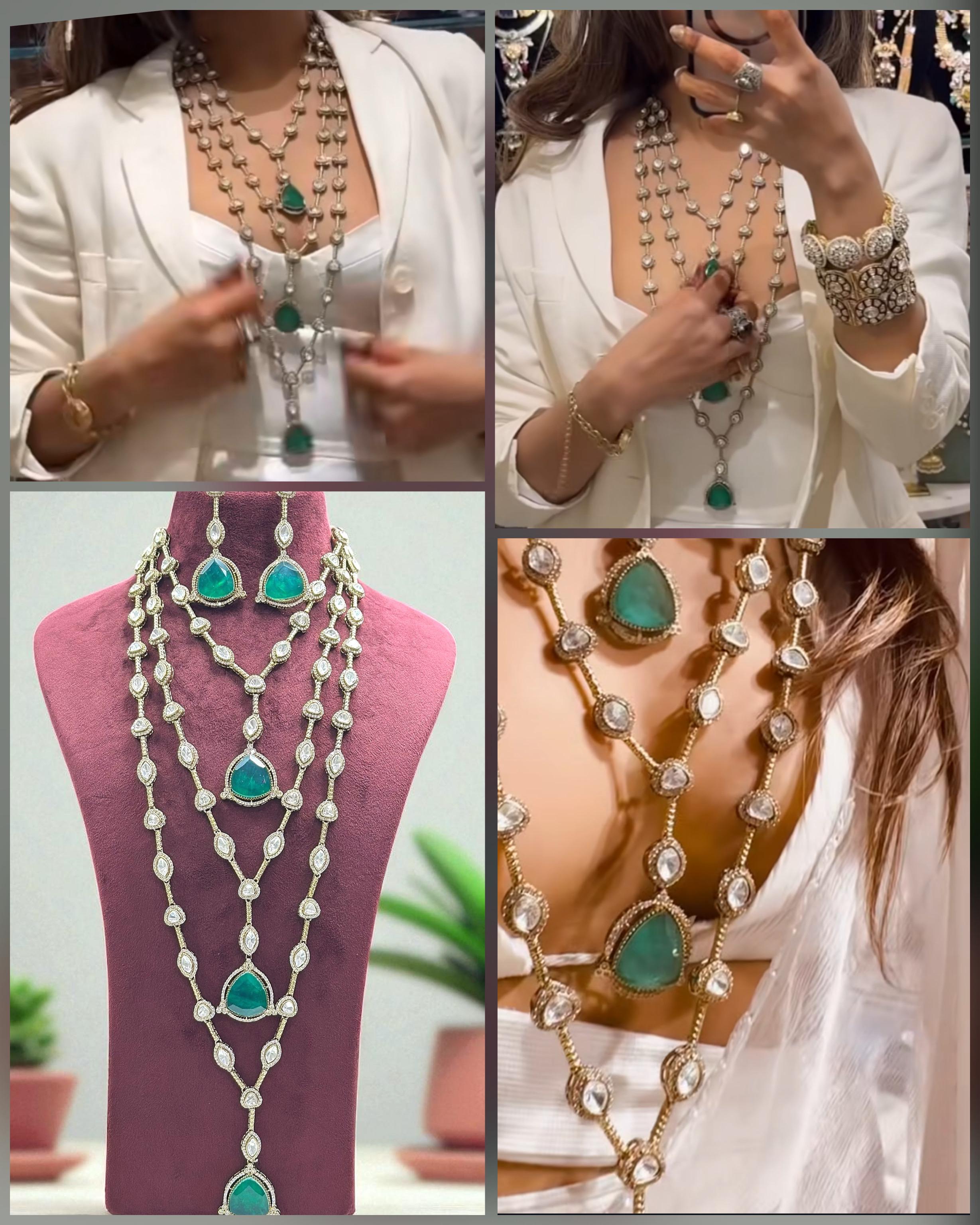 Maharani Mint Victorian Layered Necklace Set | Indian Jewellery | Matching Earrings | Premium Victorian AD Stone Indian Necklace Set for Women