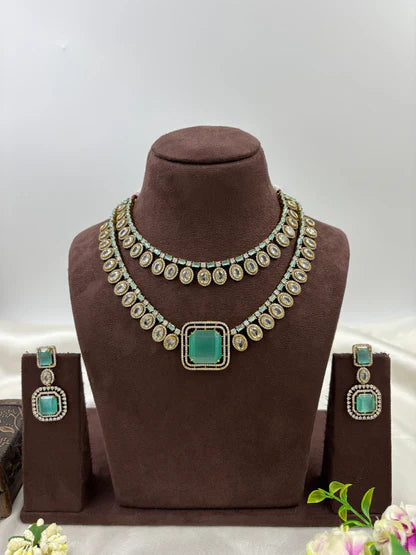 Victorian Double Layered Necklace Set | Indian Jewellery | AD Necklace & Earrings Indian Neckless Set for Bridal & Partywear