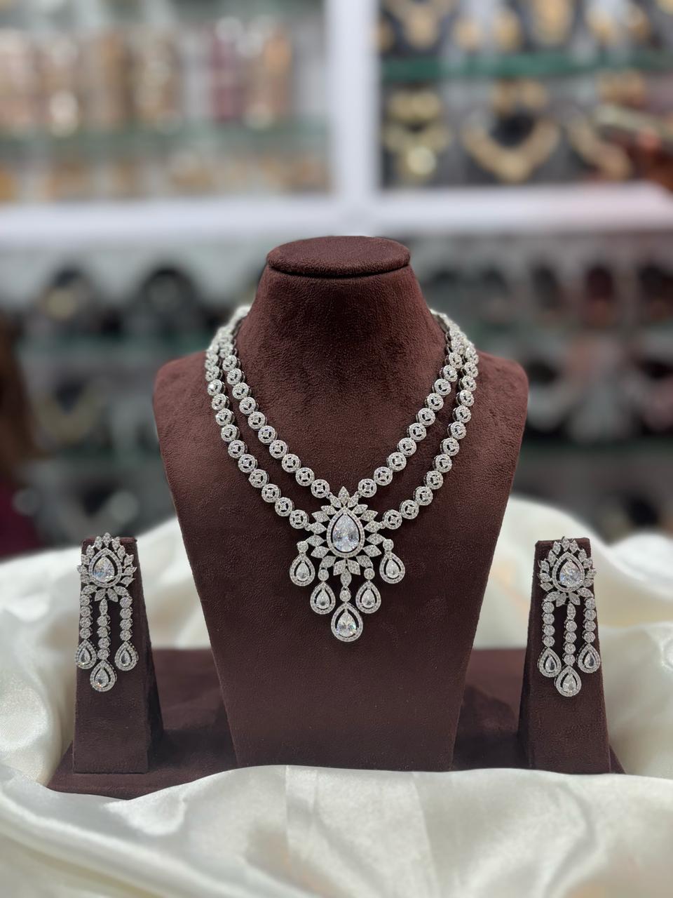 Floral Silver-Plated Drop Necklace Set with Matching Earrings | Indian Jewellery Designer Necklace Set