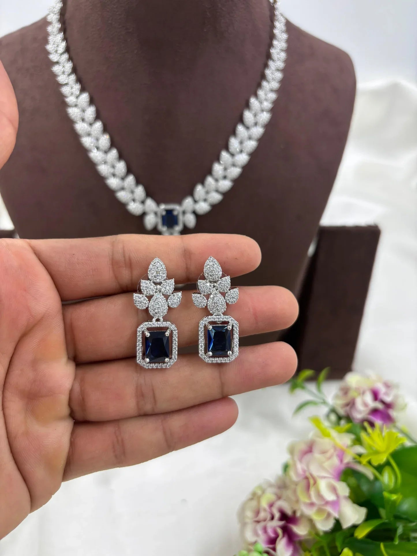 CZ Drop American Diamond Necklace Set | Indian Jewellery | AD Necklace & Earrings Indian Neckless Set for Bridal & Partywear