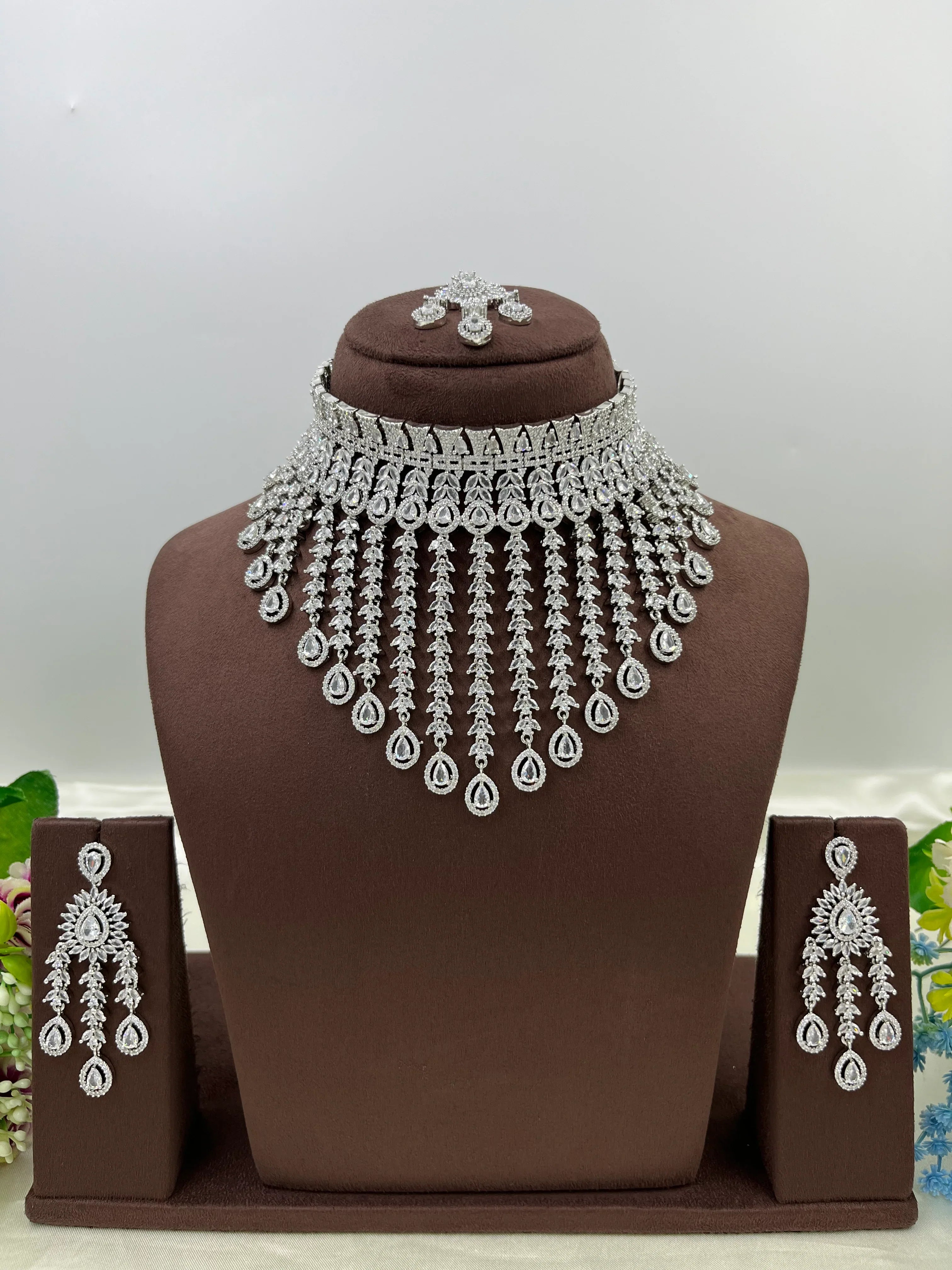 Bridal AD Necklace Set with Maangtika & Earrings | Indian Jewellery | Kundan Polki Bridal Necklace Set