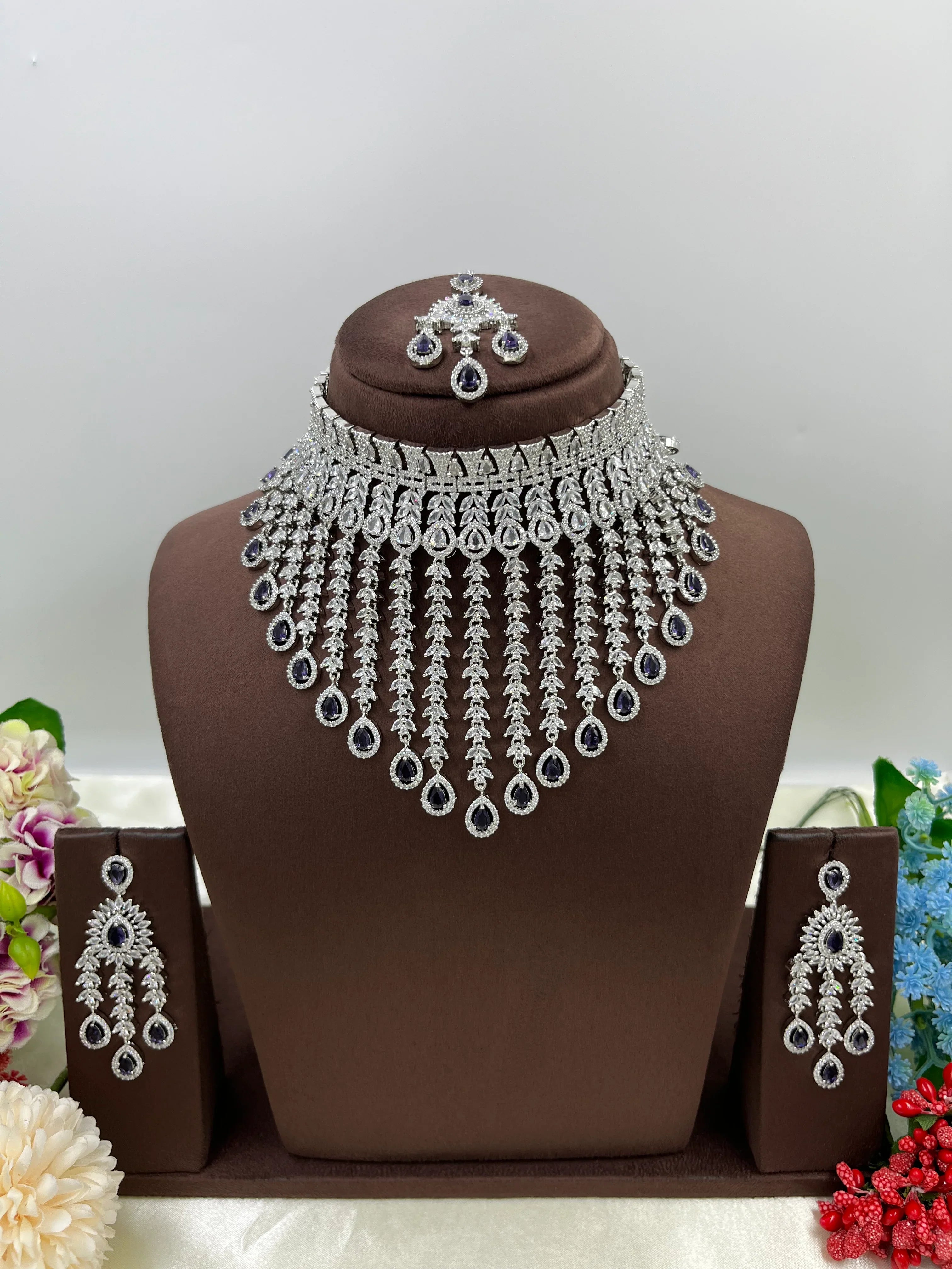 Bridal AD Necklace Set with Maangtika & Earrings | Indian Jewellery | Kundan Polki Bridal Necklace Set