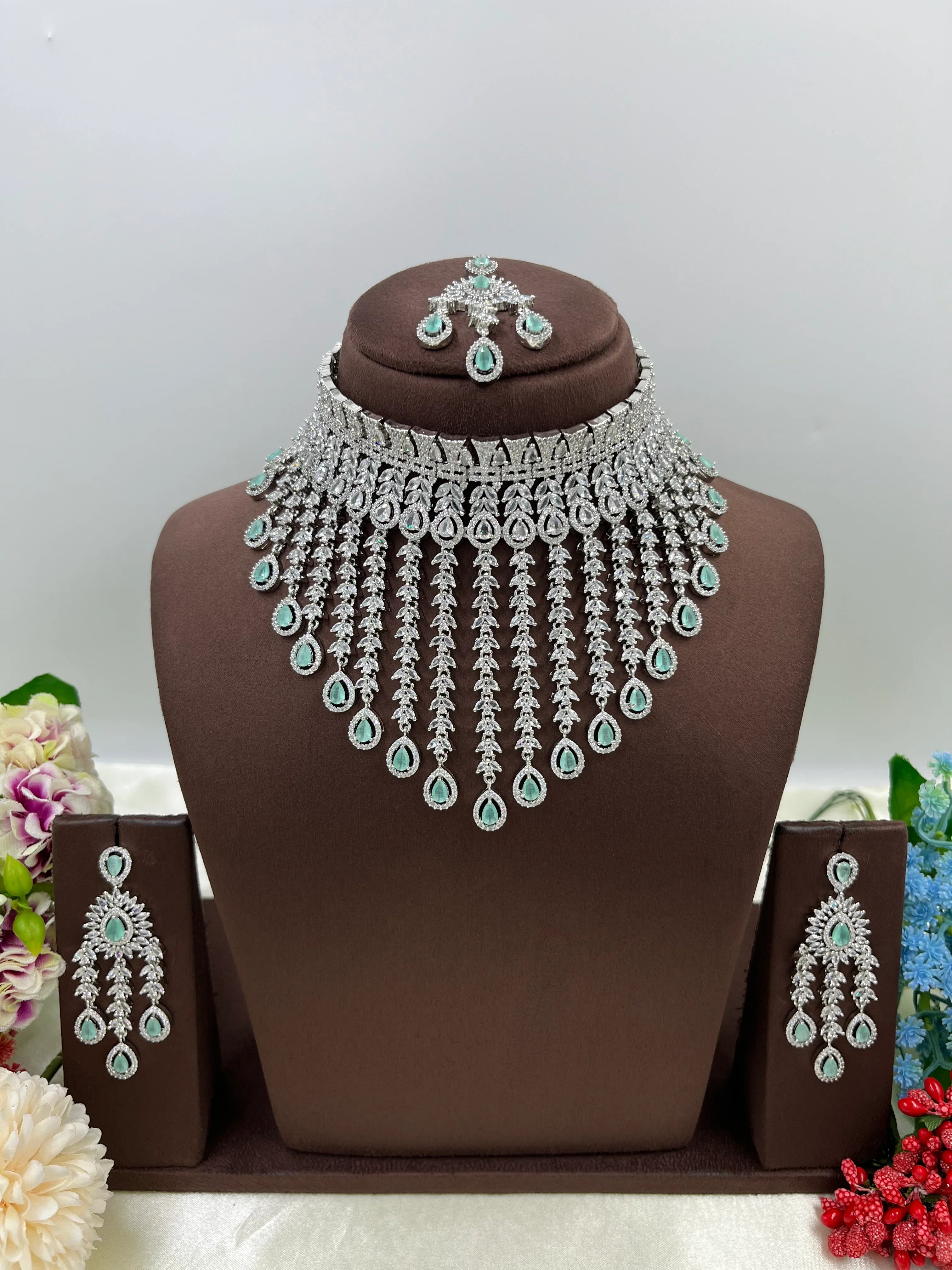 Bridal AD Necklace Set with Maangtika & Earrings | Indian Jewellery | Kundan Polki Bridal Necklace Set