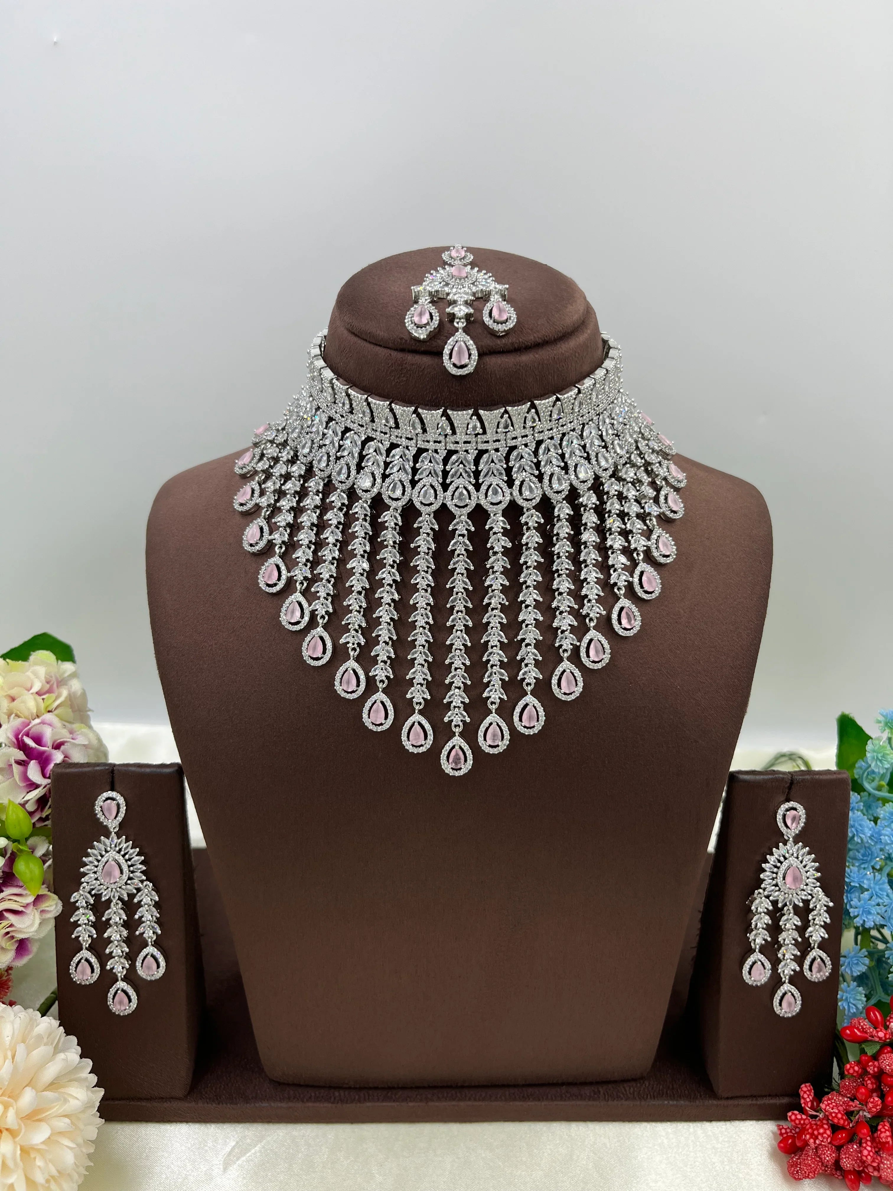 Bridal AD Necklace Set with Maangtika & Earrings | Indian Jewellery | Kundan Polki Bridal Necklace Set