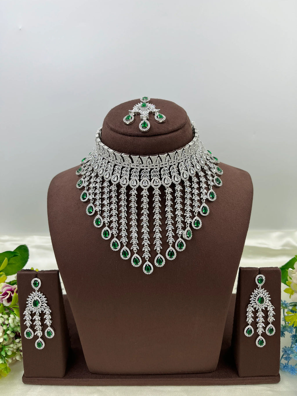 Bridal AD Necklace Set with Maangtika & Earrings | Indian Jewellery | Kundan Polki Bridal Necklace Set