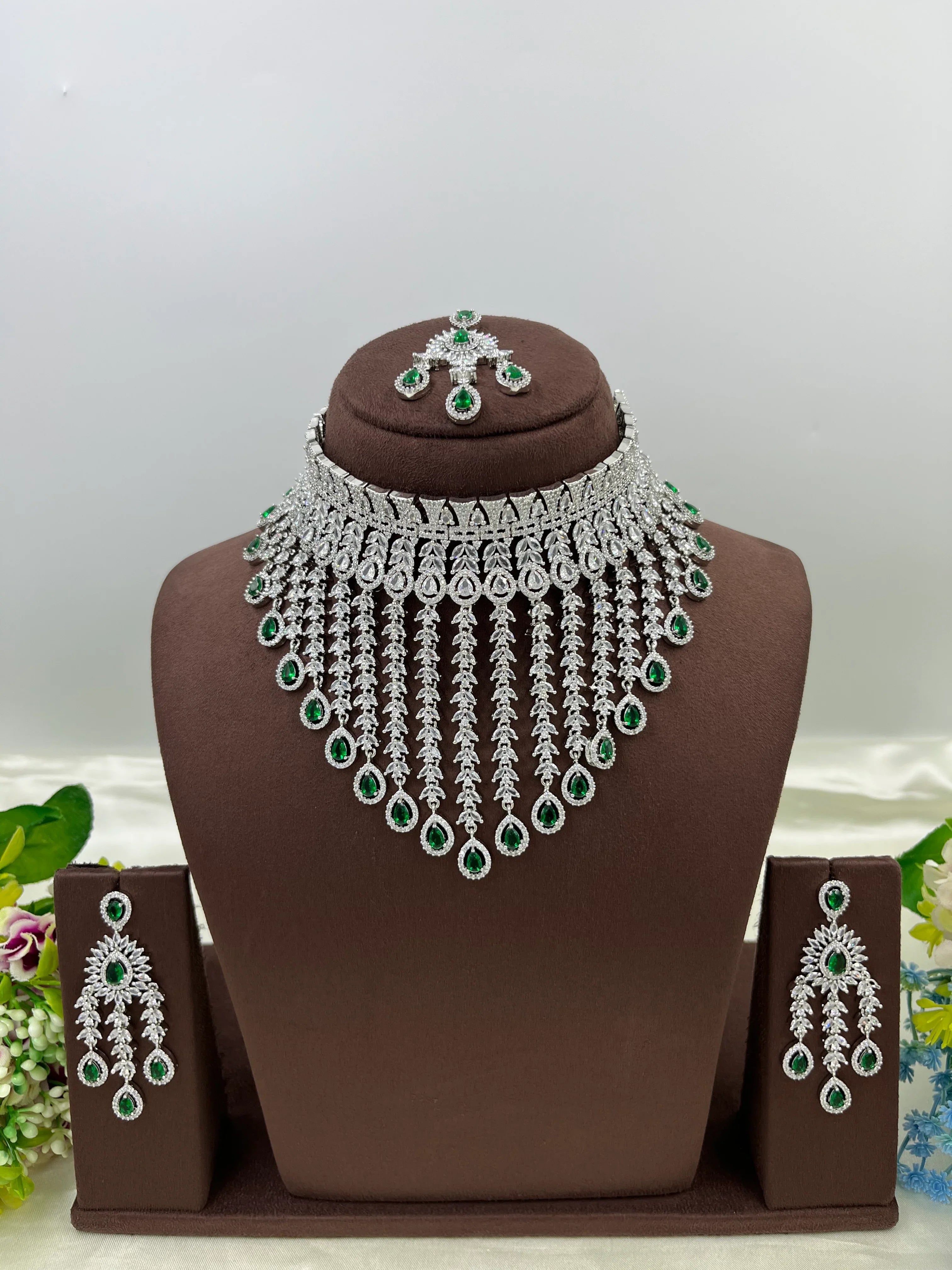 Bridal AD Necklace Set with Maangtika & Earrings | Indian Jewellery | Kundan Polki Bridal Necklace Set